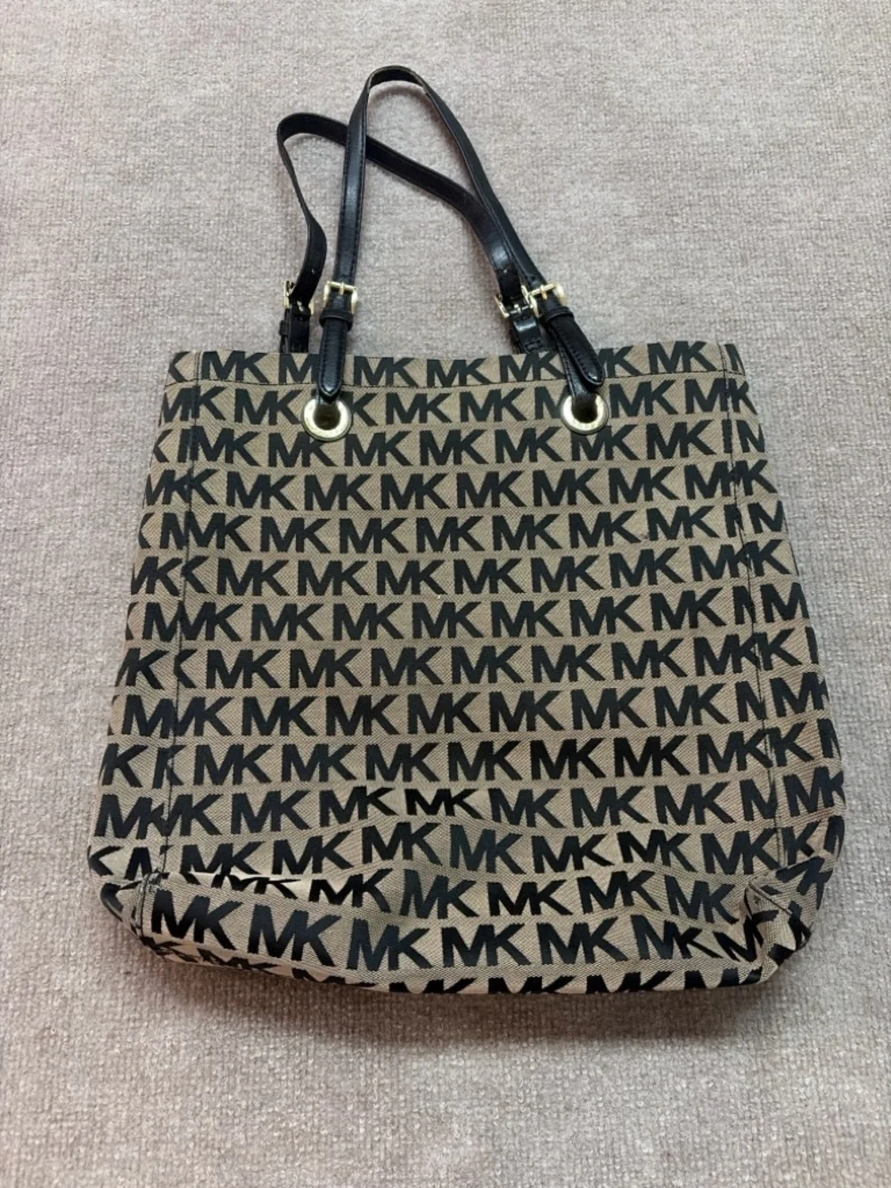 Michael Kors Black and Beige Canvas MK Tote Bag